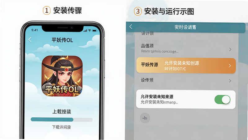 主体:平妖传OL手游安装与运行示意图,布局:左侧是手机屏幕显示下载进度条,右侧是设置界面中“允许安装未知来源”的开关,排版:上下分隔,上方为安装步骤编号,风格:拟物化扁平插画,细节:手机屏幕上有平妖传OL图标,设置选项高亮,画质:高清矢量,干净无干扰