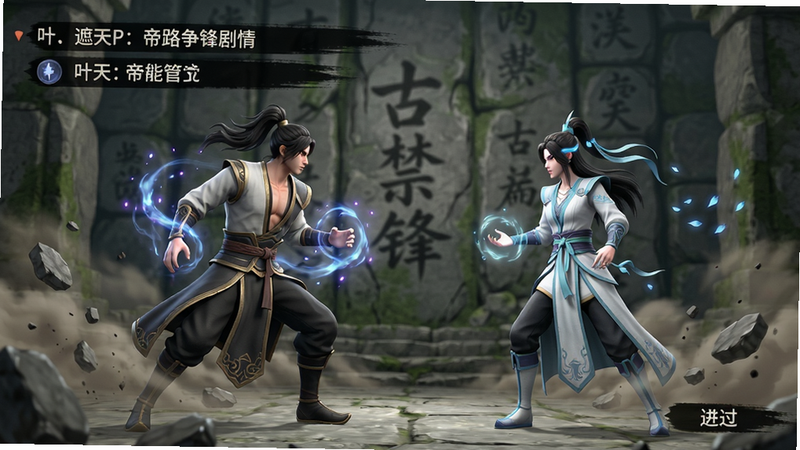 主体:遮天:帝路争锋剧情过场动画,布局:画面中央为叶凡与姬皓月对峙,背景是荒古禁地石壁,排版:左上方显示对话字幕,右下方有跳过按钮,风格:国风水墨与3D结合,细节:两人身上有法术特效,地面有碎石,画质:1080P高清,干净无多余元素