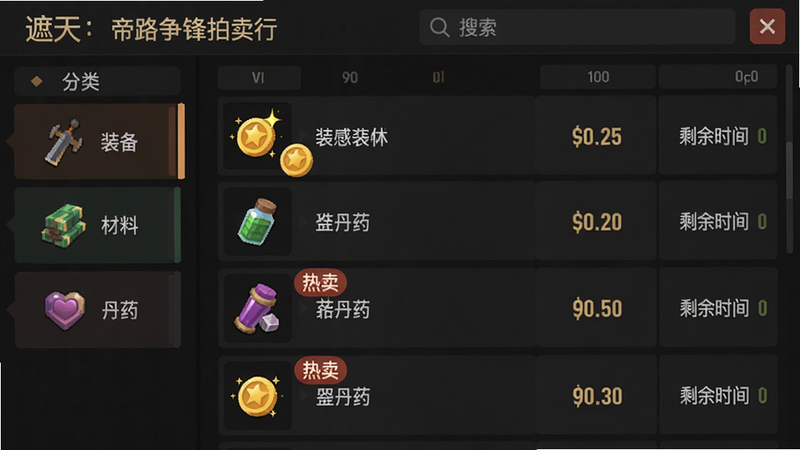 主体:遮天:帝路争锋拍卖行界面,布局:左侧分类栏(装备、材料、丹药),右侧为商品列表,每行显示图标、名称、价格、剩余时间,排版:表格化布局,顶部有搜索框,风格:扁平化UI,细节:金币图标闪烁,部分商品标有“热卖”标签,画质:高清,干净无多余元素