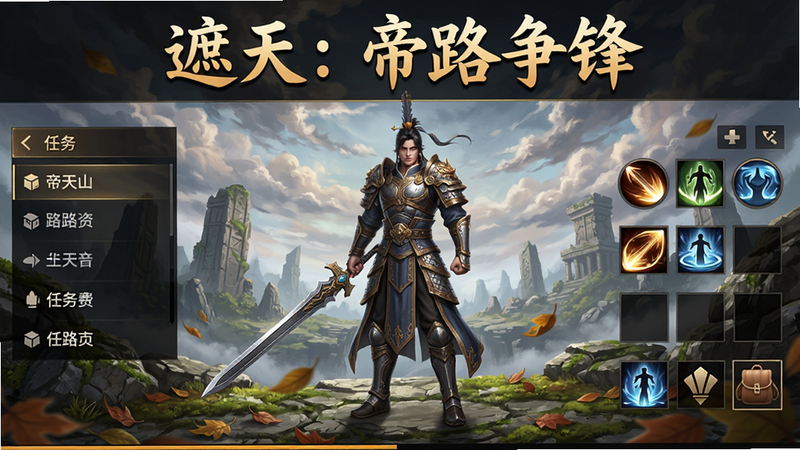 主体:遮天:帝路争锋游戏主界面,布局:中央为角色站立在荒古禁地前,左侧有任务列表,右侧有技能栏和背包图标,排版:上下分层,上方为游戏标题“遮天:帝路争锋”大字,下方为场景,风格:写实仙侠风,细节:角色身穿铠甲手持长剑,地面有落叶和青苔,天空有云霞流动,画质:4K超清,干净无多余元素