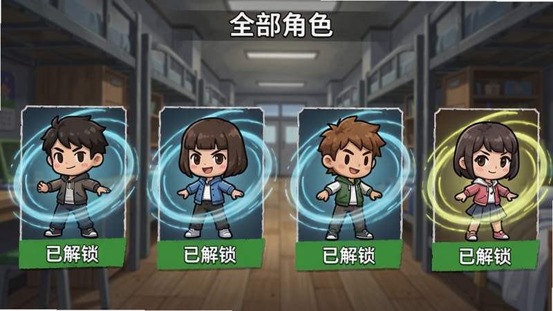 角色选择界面,横向排列多个卡通角色,每个角色下方显示“已解锁”绿色标志,角色预览图带有动态光效,背景为宿舍走廊,界面顶部有“全部角色”标题,画质清晰,风格统一,无多余元素。