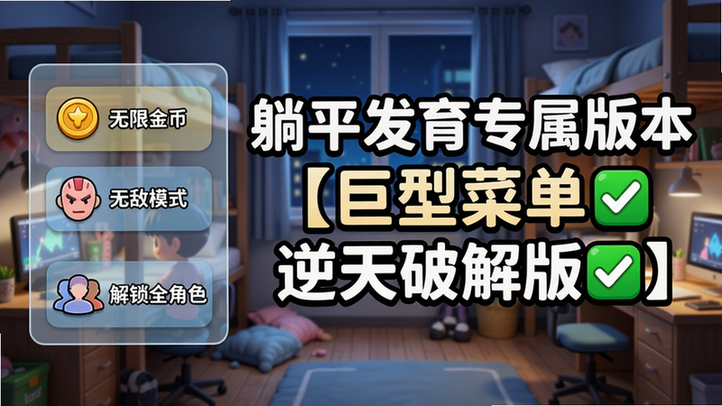 图片展示躺平发育游戏主界面,背景为夜间宿舍场景,中间显示“躺平发育专属版本【巨型菜单逆天破解版】”大字标题,左侧悬浮半透明菜单面板,包含“无限金币”、“无敌模式”、“解锁全角色”等选项图标,界面风格清新卡通风,画质高清,色彩明亮,无多余元素。