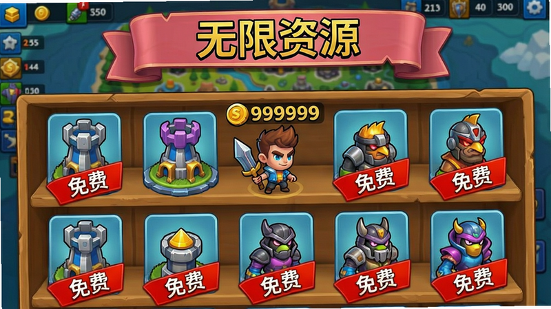 展示游戏内金币商店界面,顶部横幅写着“无限资源”,下方货架陈列各种防御塔和皮肤,每个商品左下角标有“免费”红色标签,角色头顶显示“999999”金币数字,背景为游戏地图,整体布局干净,画质清晰,风格卡通,无多余文字。