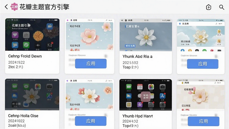 手机界面截图,顶部显示“花瓣主题官方引擎”管理页面,列表展示多个主题卡片,每个卡片有缩略图和“应用”按钮,背景浅色,排版整齐,风格扁平化,细节包含日期和大小,画质清晰。