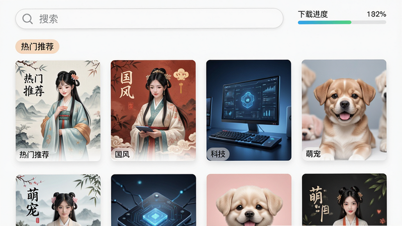 主题市场页面截图,顶部搜索框,下方网格陈列多个主题封面,标签如“热门推荐”“国风”“科技”“萌宠”,右上角有下载进度条,整体风格清新,排版规整,画质高清。