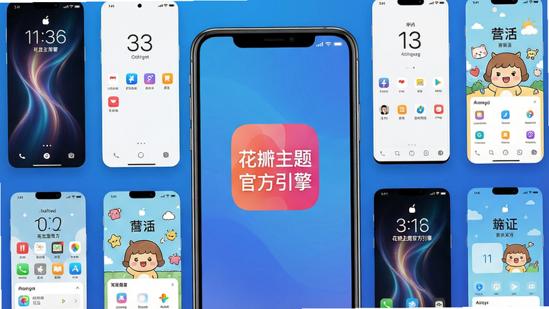 一张展示智能手机屏幕的图片,屏幕中央显示“花瓣主题官方引擎”应用图标,周围环绕多款精美主题预览图(包含动态锁屏、极简风格、卡通风格等),背景为渐变蓝色,整体布局居中对称,风格科技感且简洁,细节清晰,画质高清,干净无多余元素。