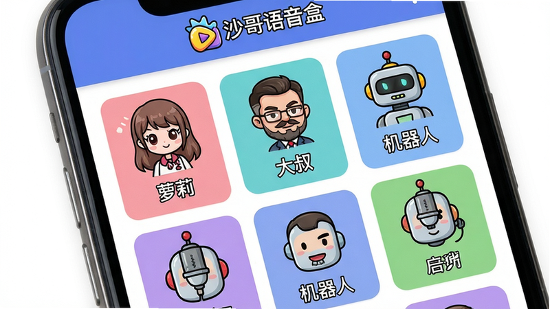 主体:手机屏幕显示变声选择界面,布局:列表展示各种变声选项如“萝莉”“大叔”“机器人”,排版:网格布局,风格:卡通趣味,细节:有“沙哥语音盒”logo,画质:高清,干净无多余元素