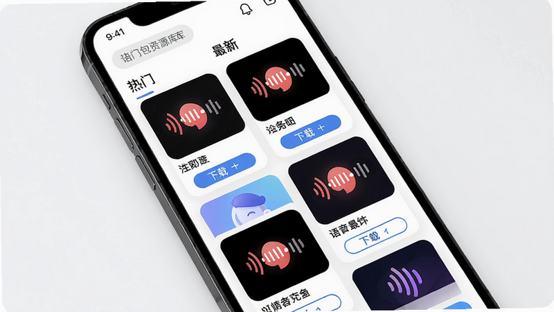 主体:手机屏幕显示语音包资源库界面,布局:列表展示各种语音包封面,有“热门”“最新”分类,排版:瀑布流,风格:现代简洁,细节:每个语音包有名称和下载按钮,画质:高清,干净无多余元素