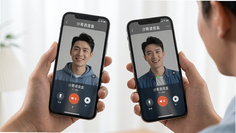 主体:两个人正在使用手机进行实时语音对讲,布局:手机屏幕上显示通话界面,有“沙哥语音盒”字样,排版:居中,风格:写实,细节:界面显示通话时长和音量条,画质:高清,干净无多余元素
