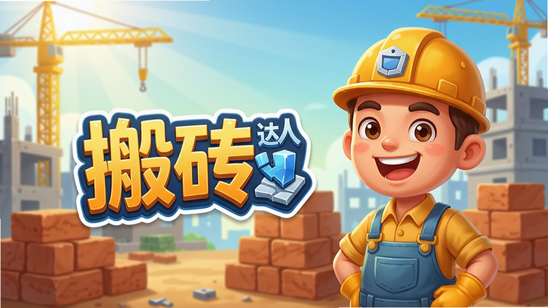 一幅手机游戏预览图,主体显示“搬砖达人”卡通Logo,背景为阳光明媚的建筑工地,砖块整齐堆叠,人物身穿工装帽、笑容灿烂,界面清爽,色彩明快,画质高清,干净无多余元素。