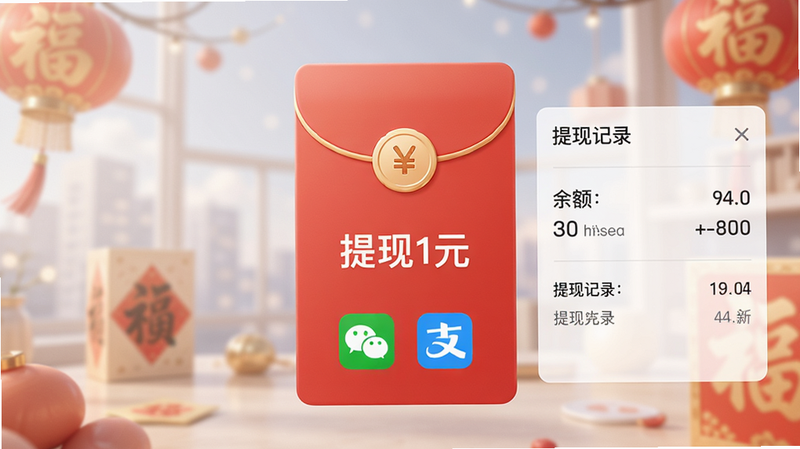 红包提现界面展示,主体是一个红色大红包,中间写着“提现1元”,下方有微信和支付宝图标,旁边显示余额和提现记录,背景模糊处理,设计简洁大气,画质细腻。