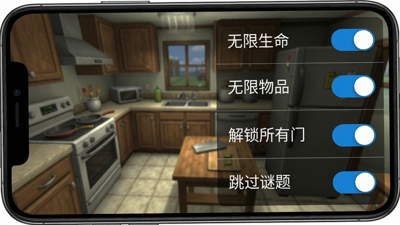 手机屏幕特写,MOD菜单半透明覆盖在游戏画面上,菜单选项有“无限生命”、“无限物品”、“解锁所有门”、“跳过谜题”等字样,每个选项旁边有开关滑块,背景是游戏内厨房场景,布局菜单在右侧竖向排列,风格扁平化与游戏写实结合,细节滑块颜色为蓝色,画质清晰,无多余元素。
