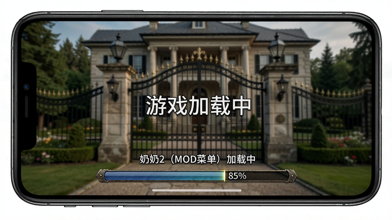 手机屏幕上显示“游戏加载中”画面,下方有进度条,背景是宅邸大门,布局居中,风格写实,细节进度条显示85%,画质高清,无多余元素,图片中文字“奶奶2(MOD菜单) 加载中”。