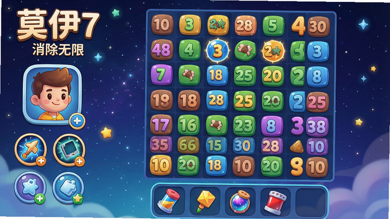 莫伊7是一款卡通风格的数字消除手游,主界面为7x7的彩色数字网格,背景是星空主题,左侧有角色头像和技能图标,底部有道具栏,整体布局简洁明快,风格清新明亮,细节精致,画质高清干净,无多余元素,画面中显示文字“莫伊7”与“消除无限”字样。