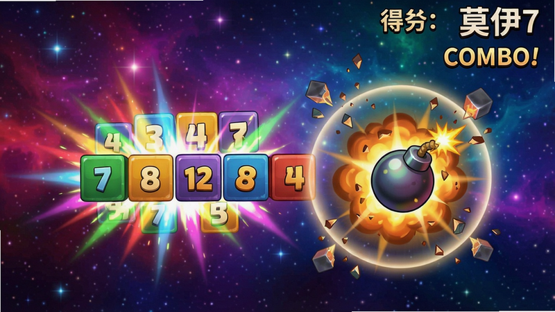 莫伊7游戏中的消除特效,数字方块依次爆裂并闪烁七彩光芒,炸弹方块爆炸后产生圆形冲击波,周围方块碎裂,背景为动态渐变星空,整体风格鲜艳,画质细腻,干净无冗余元素,界面右上角显示当前得分和连击数,包含文字“莫伊7”和“COMBO!”字样。