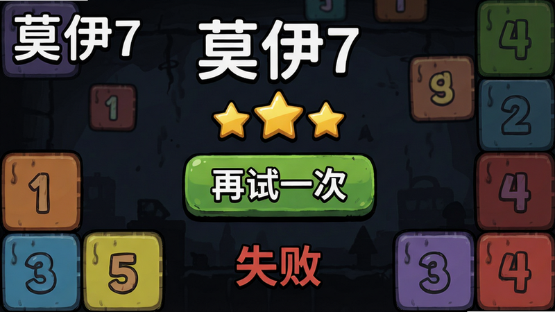 莫伊7游戏关卡失败的提示界面,屏幕中央显示“再试一次”按钮和星星数量,周围有数字方块,背景为暗色调,整体风格略带卡通悲情,画质清晰,包含文字“莫伊7”和“失败”字样。