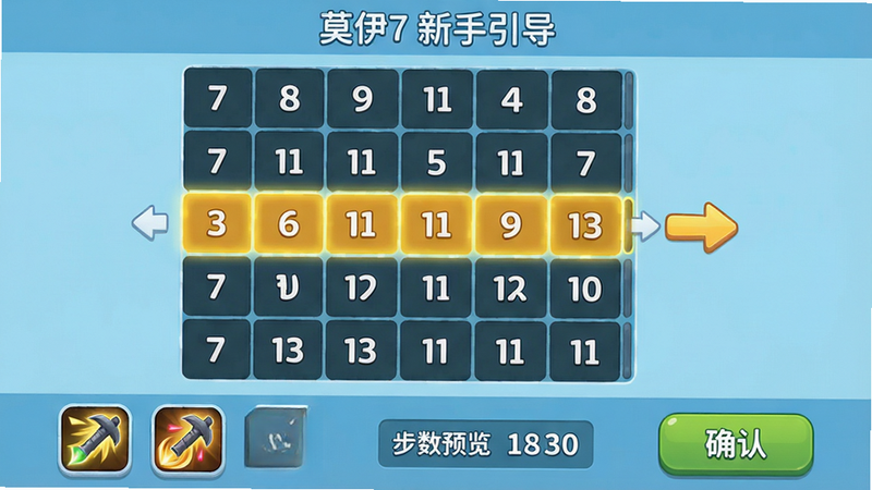莫伊7游戏的新手教学界面,展示一个7x7数字网格,其中某一行高亮显示,旁边有箭头指示操作,底部有技能图标和确认按钮,背景为浅蓝色,整体风格清晰友好,画质干净,包含文字“莫伊7新手引导”和“步数预览”字样。