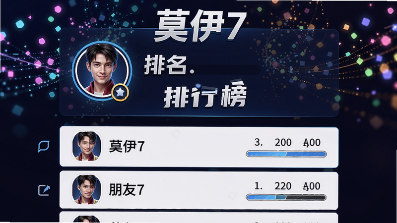 莫伊7的排行榜界面,上半部分是玩家自己的头像和排名,下方是好友列表,显示各自的最高分和关卡进度,背景为动态粒子效果,整体风格现代有活力,包含文字“莫伊7”和“排行榜”字样。