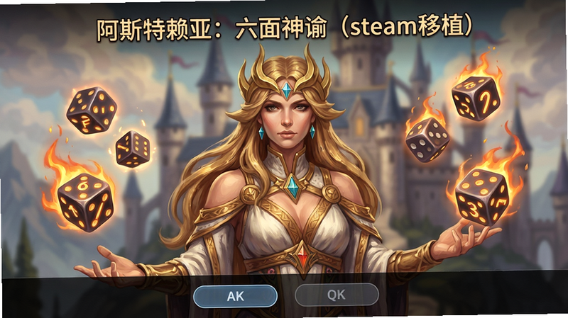 主体:游戏主界面展示,阿斯特赖亚女神立绘居中,周围环绕六面骰子与火焰特效;布局:中央视点,女神半身像,骰子悬浮两侧;排版:上方游戏标题“阿斯特赖亚:六面神谕(steam移植)”,下方简约UI按钮;风格:奇幻手绘风,暖色调光影;细节:女神服饰纹理清晰,骰子面数字发光,背景模糊城堡;画质:4K超清,干净无多余元素