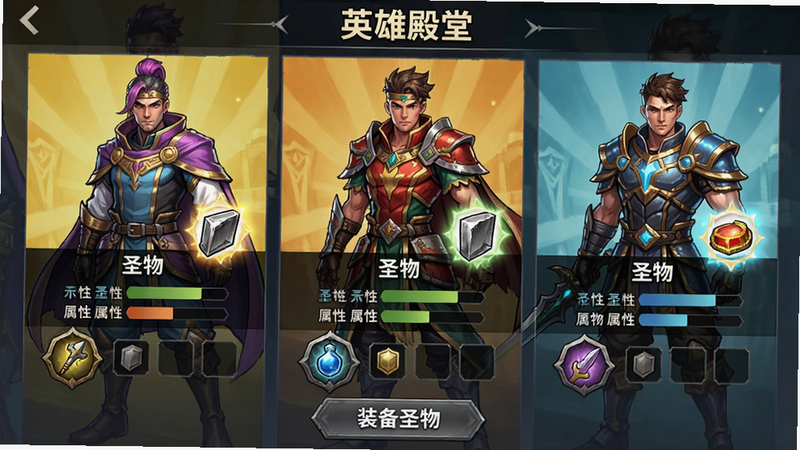 主体:角色选择界面,三位英雄立绘并排显示,下方有圣物槽位;布局:横向三列,每列包含立绘、名字、属性条;排版:最上方“英雄殿堂”标题,底部“装备圣物”按钮;风格:半厚涂二次元,明亮色彩;细节:每个角色服装不同,圣物图标带光效;画质:2K分辨率,干净无广告