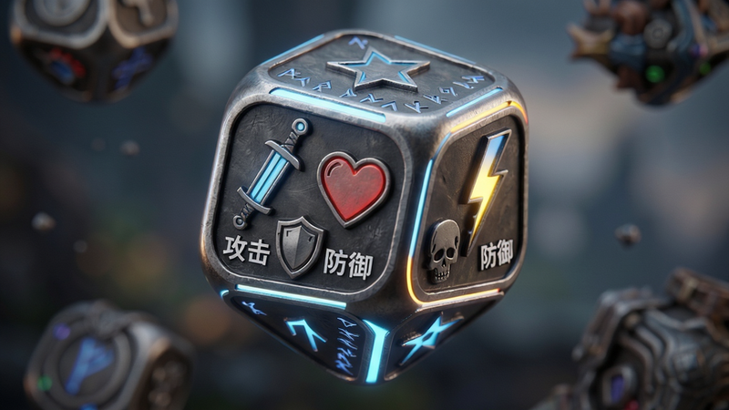 主体:骰子特写,六个面分别显示剑、盾、心、闪电、骷髅、星星图标;布局:大特写,骰子悬浮在空中,背景虚化;排版:骰子面文字标注“攻击”“防御”等;风格:金属质感,科幻与奇幻结合;细节:骰子边缘发光,表面有古老符文;画质:高清细腻,干净无杂物
