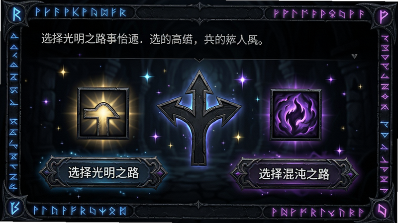 主体:游戏内事件对话框,中心一个岔路标志,左右各有一个选项图标;布局:上下结构,上方事件描述文本,下方两个按钮;排版:左侧“选择光明之路”,右侧“选择混沌之路”;风格:暗黑哥特风,符文边框;细节:两侧按钮带花纹,背景有闪烁星光;画质:1080p,无多余UI干扰