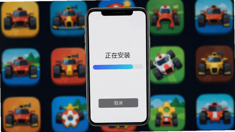 主体:FX自由赛车手机安装过程截图,手机上显示安装进度条,背景为游戏图标;布局:手机居中,屏幕内显示“正在安装”字样;排版:简洁明了;风格:扁平化UI示意;细节:手机边框有金属质感,进度条为蓝色渐变,下方有“取消”按钮;画质:高清,干净无其他元素。