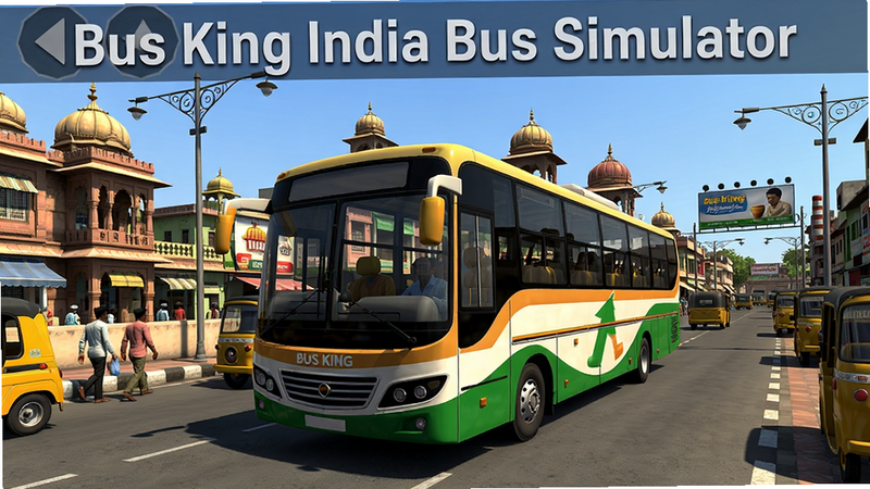 Bus King India Bus Simulator的游戏主界面,一辆涂装鲜艳的印度公交车行驶在拥挤的街道上,背景有印度特色的建筑、路灯和广告牌,天空晴朗,画面写实风格,细节丰富,画质高清,图片干净无多余元素,文字标注