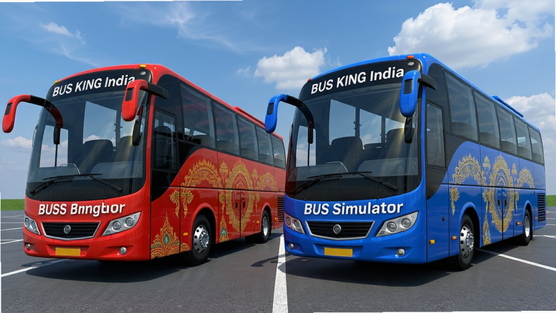 Bus King India Bus Simulator的多种巴士车型展示,一辆红色和一辆蓝色巴士并排停在停车场,车身上有印度风格图案,背景是蓝天白云,画面整洁,画质高清,细节包括车灯、轮毂和玻璃反光,文字标注巴士型号名称