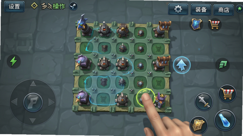 团本自走棋(steam移植)移动端操作界面,展示手指点击和拖拽布局,背景干净,画质清晰,标注“设置”“装备”“商店”等按钮