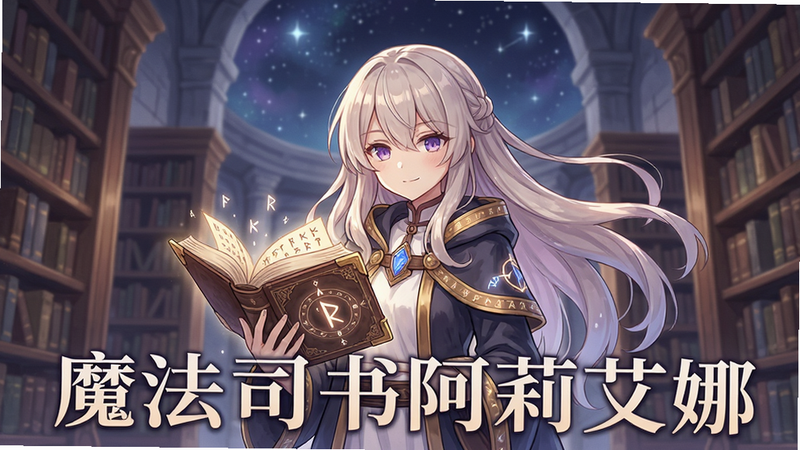 主体为游戏主界面的魔法司书阿莉艾娜,身穿魔法袍手持发光的书本,站立在古老图书馆中央,背景是书架和星空,日式动漫风格,色彩柔和,细节包括书页上的符文和角色飘逸的头发,高清画质,干净无多余元素,图片上可添加文字“魔法司书阿莉艾娜”