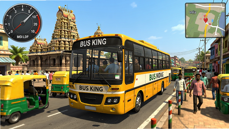 Bus King India Bus Simulator 游戏主界面预览图,一辆黄色印度巴士行驶在拥挤的街道上,背景有印度神庙建筑、彩色三轮车、行人,画面明亮,游戏UI显示速度表和地图,写实风格,高画质,干净无多余元素