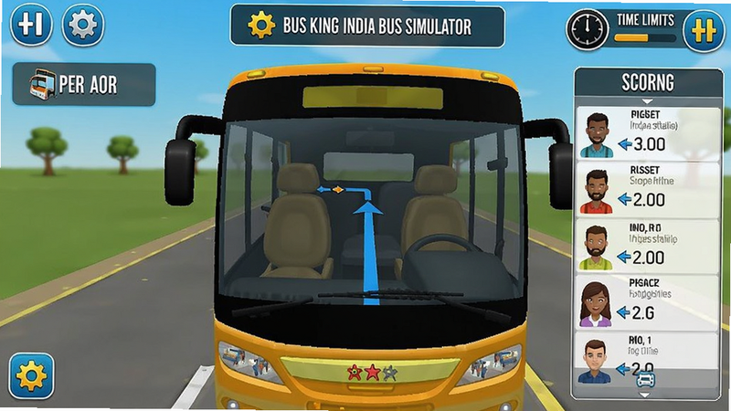 Bus King India Bus Simulator 任务界面截图,显示路线指引和乘客需求,游戏界面有任务提示、时间限制和评分,色彩鲜艳,UI简洁清晰