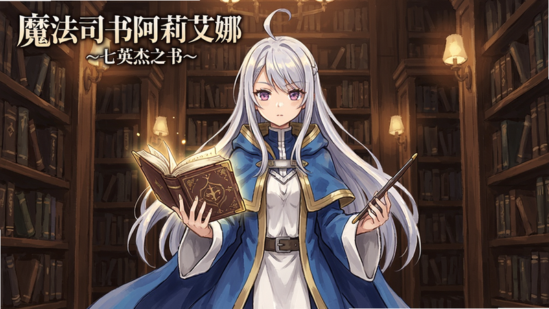 《魔法司书阿莉艾娜 ~七英杰之书~》游戏主界面,中央站立着女主角阿莉艾娜,身着蓝色魔法师长袍,手持一本发光的书,背景是巨大的图书馆书架,暖色调灯光,手绘日式风格,精致角色立绘,细节丰富,画面干净,高画质
