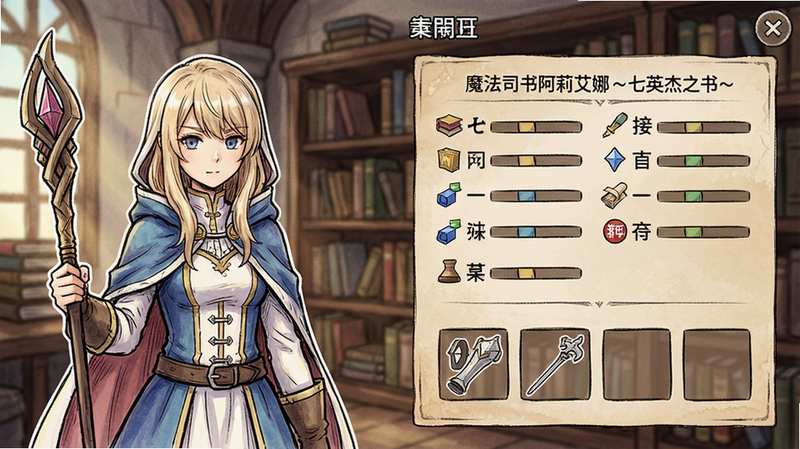 《魔法司书阿莉艾娜 ~七英杰之书~》角色养成界面,左侧角色立绘,右侧属性面板与装备槽,背景为图书馆书架,手绘风格,布局清晰,高画质