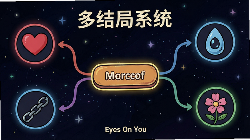 主体:游戏界面多结局分支图,中间一个选项按钮,周围环绕不同结局图标(心形、锁链、眼泪、花朵)。布局:居中俯视图,选项高亮,背景是暗色调星空。排版:顶部标题“多结局系统”,底部小字“Eyes On You”,图标带有发光边缘。风格:扁平UI与手绘结合,色彩对比鲜明,细节精致。画质:4K清晰,无多余元素。