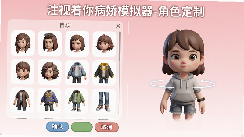 主体:角色自定义界面,展示不同发型和服装的预览,左侧为穿戴项列表,右侧为角色3D模型旋转展示。布局:左右分栏,底部有确认/取消按钮,背景是淡粉色渐变。排版:界面简洁,顶部标注“注视着你病娇模拟器-角色定制”,字体无衬线。风格:半写实卡通,明亮光线,模型边缘有柔和阴影。画质:4K高清,干净无多余元素。
