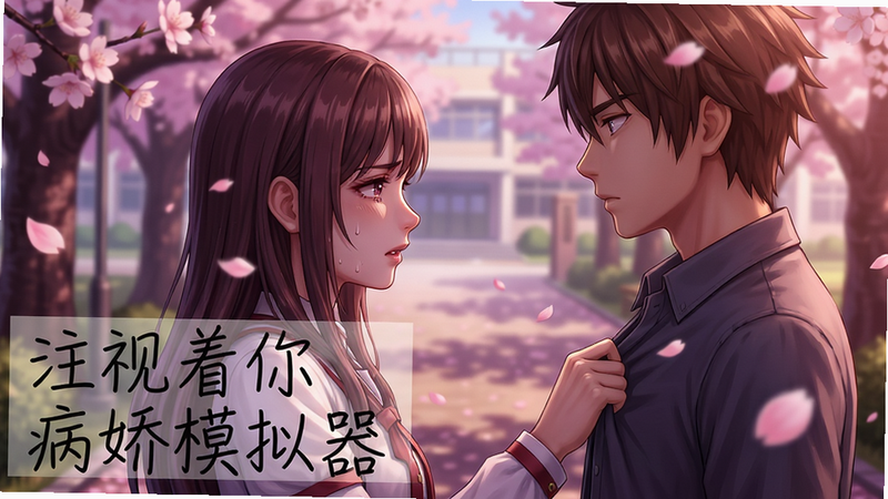 主体:游戏中的剧情场景,女主与主角在樱花树下对话,女主表情复杂,一只手紧紧抓住主角的衣角。布局:侧视图,两人面对面,前景有花瓣飘落,背景是模糊的校园小径。排版:左下角添加半透明文字“注视着你病娇模拟器”,字体手写风格。风格:日式插画,柔和光线,色彩温暖偏紫红,细节丰富。画质:超高清,无多余元素。