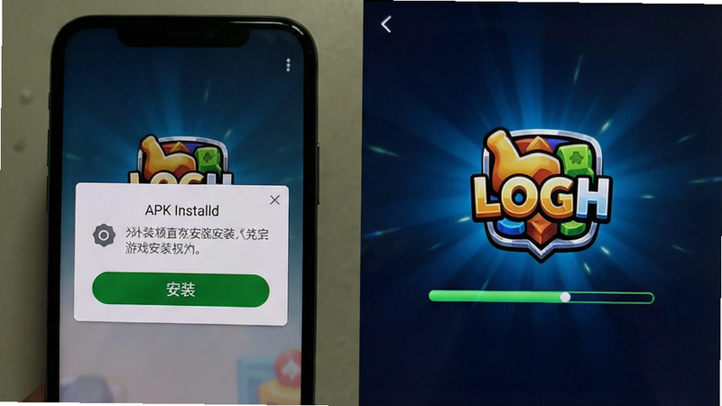 一张展示游戏安装界面和启动画面的截图,主体为手机屏幕上的APK安装提示和游戏LOGO加载动画,布局为手机纵向,排版包含“安装”按钮和进度条,风格为现实手机截图,细节清晰,画质干净,无多余元素。