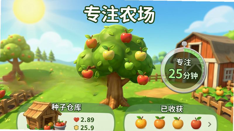 主题画面展示专注农场核心场景:一片阳光明媚的虚拟农场,中央有一棵正在茁壮成长的苹果树,树旁显示“专注 25分钟”计时器,底部有种子仓库和已收获的果实列表,整体风格卡通清新,画质干净明亮,文字“专注农场”居中置于顶部,排版简洁,无多余元素。