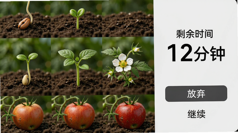 特写专注农场番茄钟种植过程:一颗种子从土里破芽,到长出嫩叶,再到开出白色小花,最后结出一颗红苹果,四个阶段依次排列在屏幕左侧,右侧显示“剩余时间 12分钟”,下方有“放弃”按钮和“继续”提示,画质清晰,无多余元素。