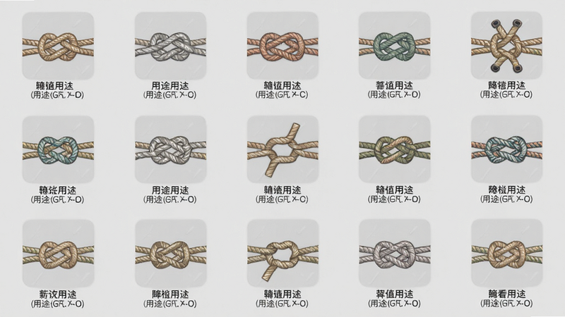 主体:游戏内展示多种绳结图鉴,每个绳结旁边标注名称和用途。布局:网格排列,每个绳结为一个图标,下方有文字。排版:整齐有序,背景为淡灰色。风格:扁平化UI,色彩柔和。画质:高清图标,文字清晰,无多余元素。