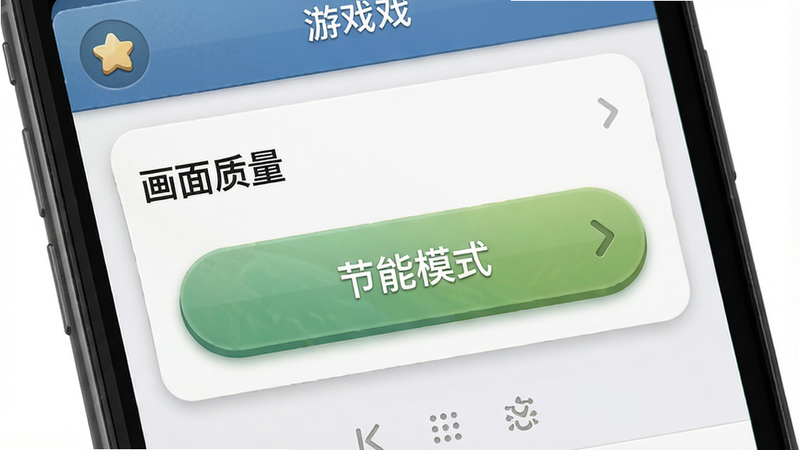 主体:游戏设置界面,显示“画面质量”选项,当前选为“节能模式”。布局:手机屏幕截图,设置菜单清晰可见。排版:UI简洁,按钮有圆角。风格:拟物化设计,颜色搭配舒适。画质:高清屏幕截图,文字锐利,无多余元素。