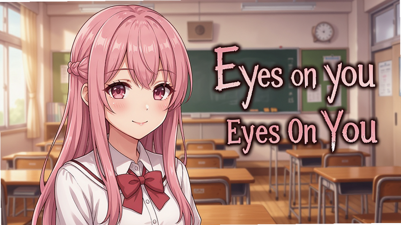 注视着你病娇模拟器PC电脑版(Eyes On You)游戏主界面,一位粉色长发少女微笑着注视玩家,背景是温馨的学校教室,日式动漫风格,色彩柔和,细节精致,画质高清,干净无多余元素