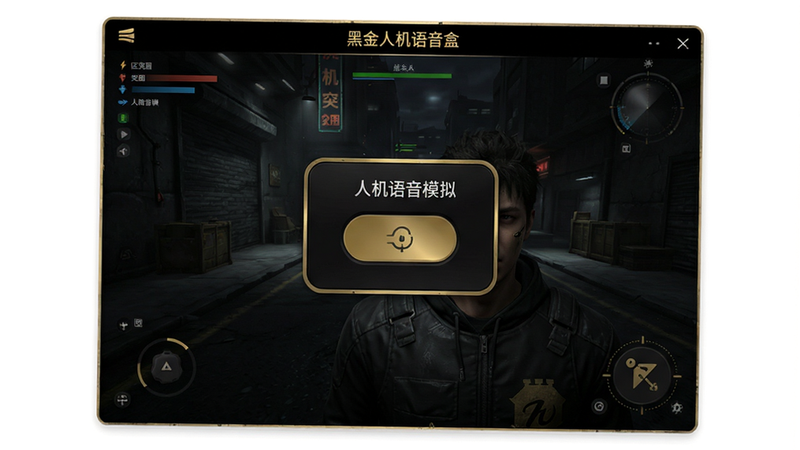 黑金人机语音盒的软件主界面,中央显示“人机语音模拟”功能开关,背景为暗区突围游戏实机画面,风格写实,画质高清,干净无多余元素,界面文字标注“黑金人机语音盒”
