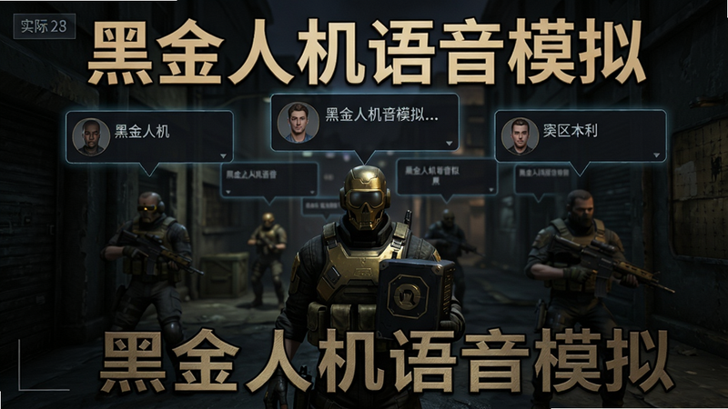 黑金人机语音盒在暗区突围游戏中的实际效果截图,游戏画面中显示敌人头顶冒出人机对话气泡,风格写实,画质高清,干净无多余元素,文字标注“黑金人机语音模拟”