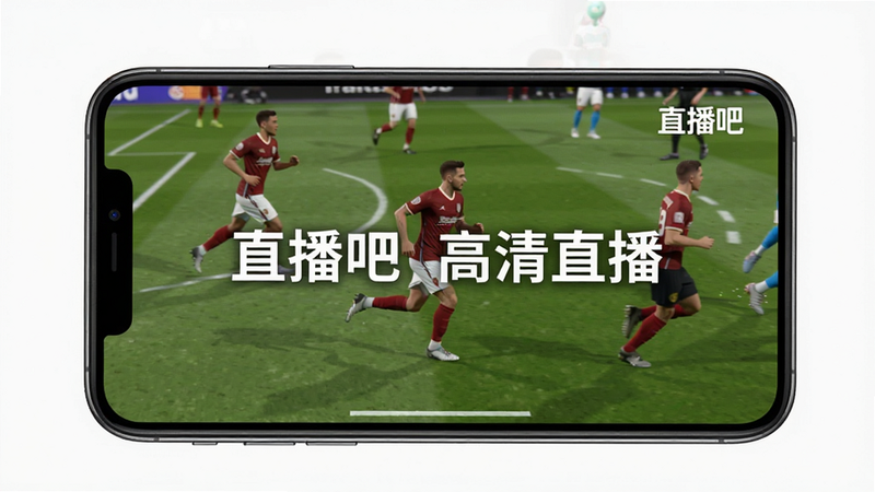 主体为手机屏幕正在播放一场足球比赛直播画面,布局居中,画面右上角有“直播吧”水印,球员奔跑动作清晰,草坪纹理可见,风格写实,画质1080p,干净无多余元素,图片上显示文字“直播吧 高清直播”