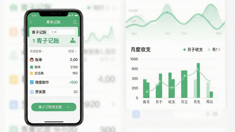 青子记账APP主界面展示,手机屏幕内包含清晰的账单列表和月度收支统计图表,简约绿色主题,布局整齐,画质干净无多余元素,alt=
