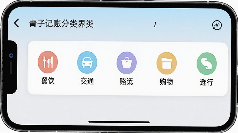 青子记账智能分类界面截图,展示添加记录时选择分类的滑动列表,包含餐饮、交通、购物等彩色图标,手机界面,扁平化设计,柔和色调,画质清晰,alt=
