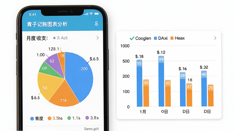 青子记账统计图表页面,显示月度收支饼图和柱状对比图,色彩鲜明,数据标签清晰,手机屏幕内,简约风格,高画质,alt=
